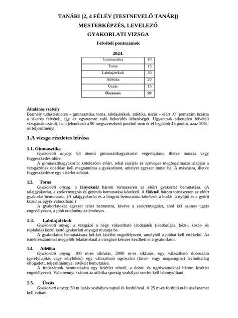 testnevelő tanári alkalmassági vizsga sportágai