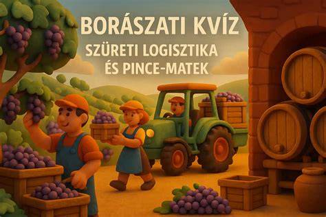 szőlőszüret pince hordók és borospalackok