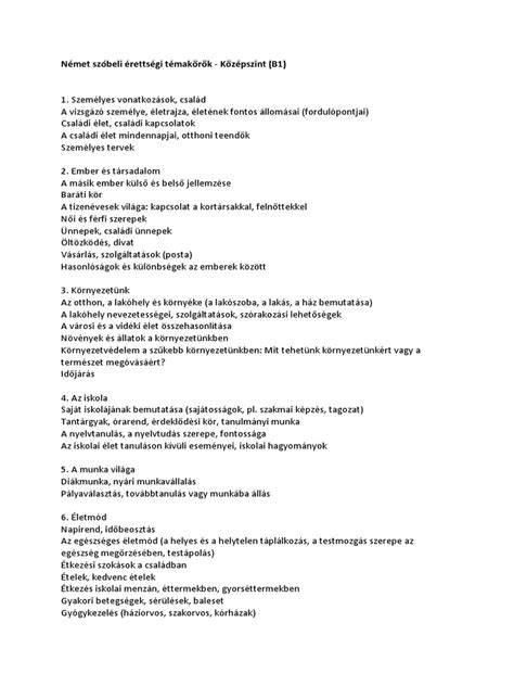 német középfokú szóbeli vizsga témakörök